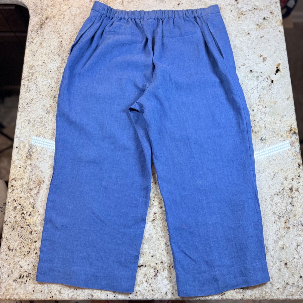 Chico's Linen Crop Pants Womens US 20 Blue Wide Leg Pull On Button Hem Plus - Picture 7 of 16